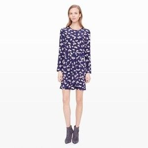 Club Monaco Size 2 Paget Floral Mini Dress Blue Silk Long Sleeve Pleated